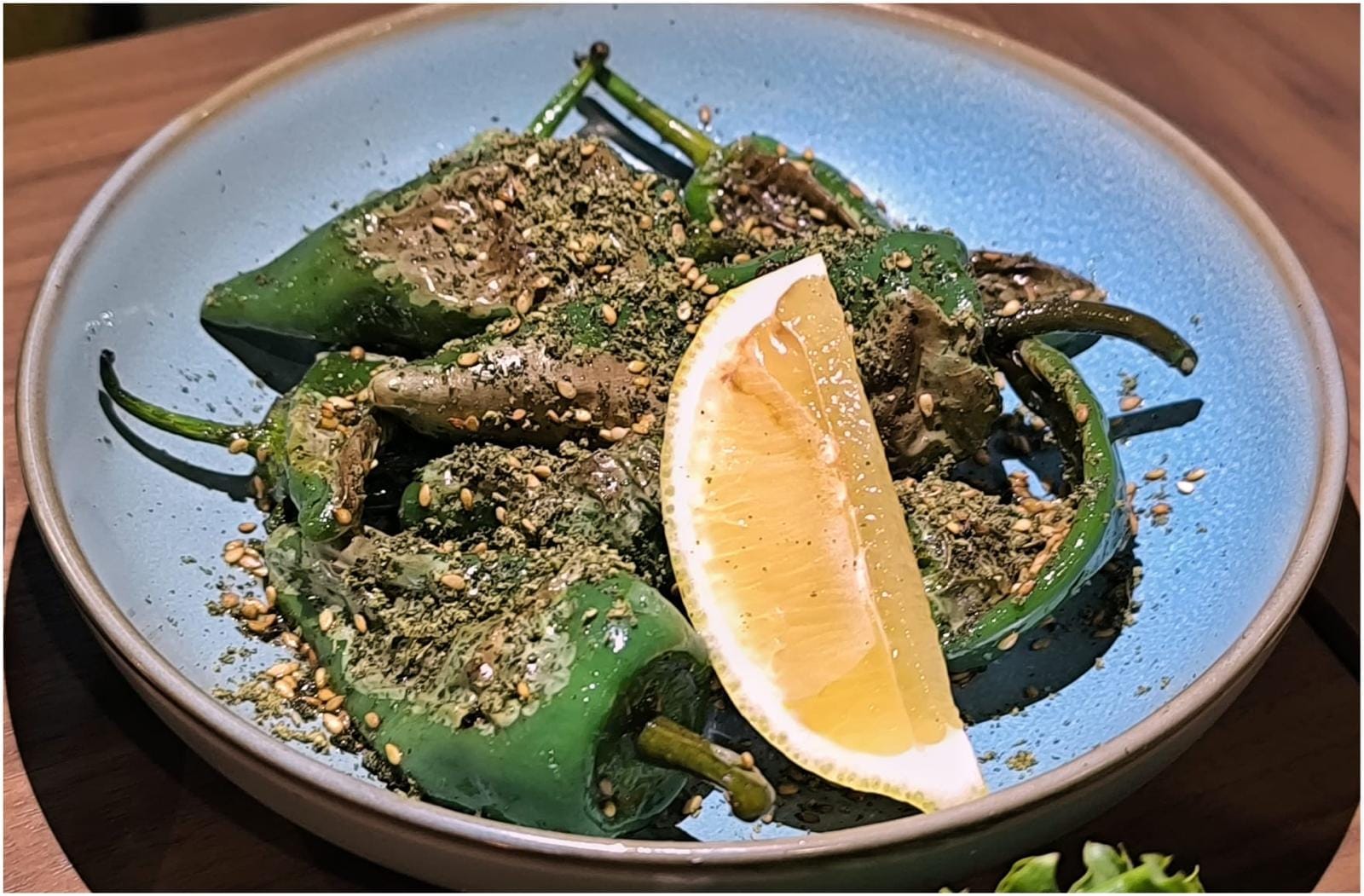 Blistered padron peppers